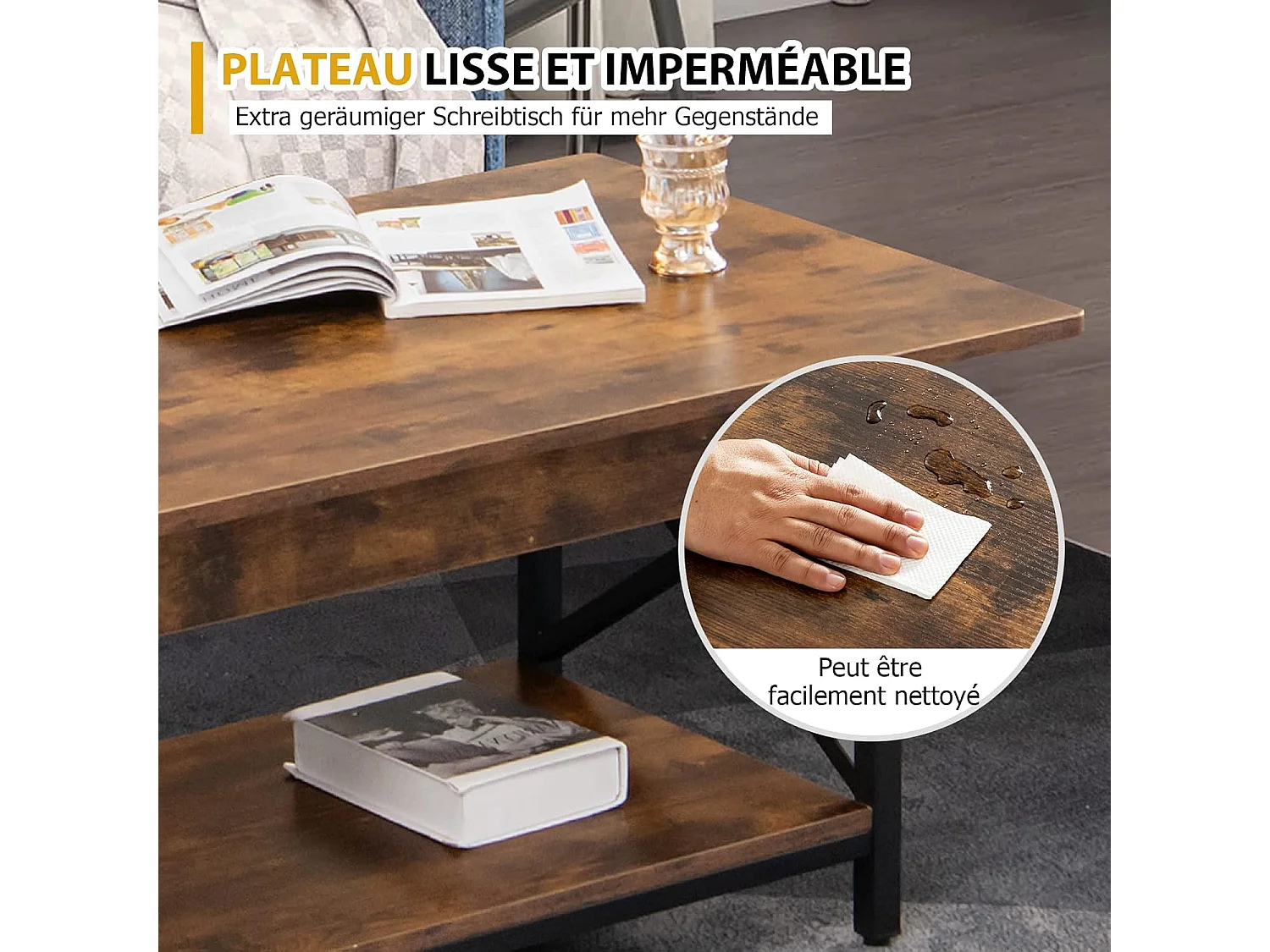 Table Basse à 2 Niveaux, Table Salon Industrielle Plateau en Bois et Cadre Métallique en Forme de X, Pieds Réglables, 110 x 60 x 48 cm (Brun Rustique)