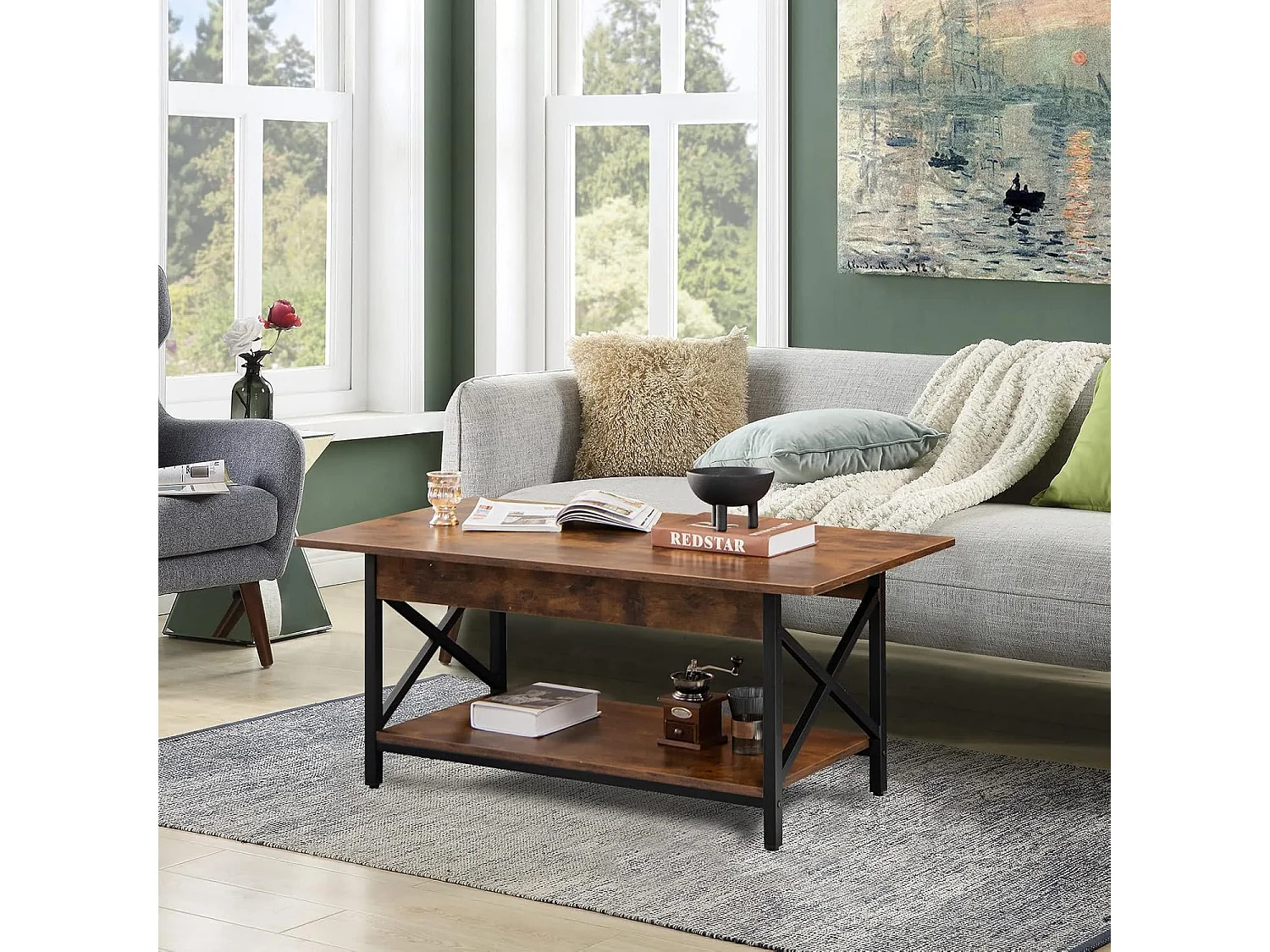 Table Basse à 2 Niveaux, Table Salon Industrielle Plateau en Bois et Cadre Métallique en Forme de X, Pieds Réglables, 110 x 60 x 48 cm (Brun Rustique)