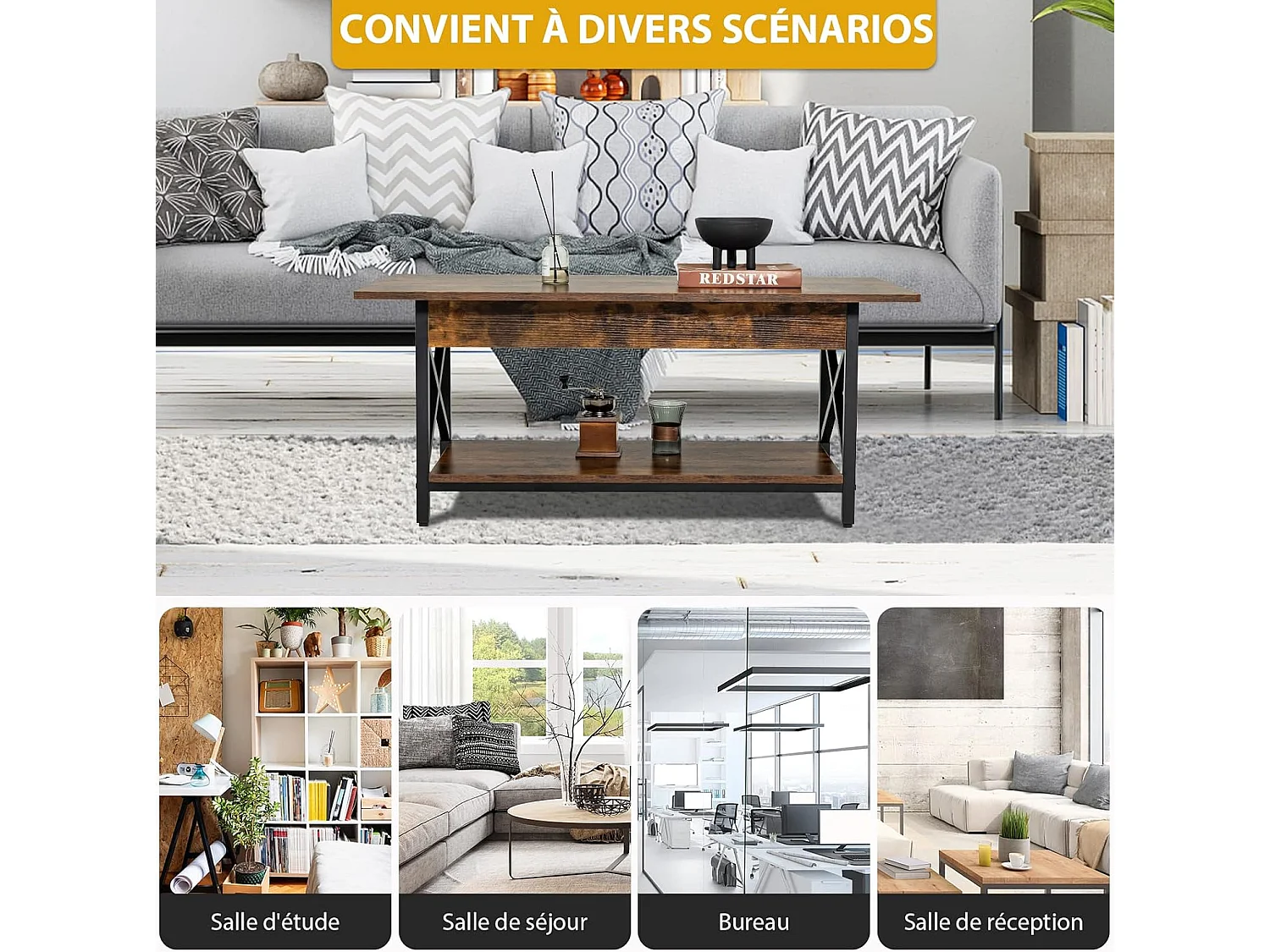 Table Basse à 2 Niveaux, Table Salon Industrielle Plateau en Bois et Cadre Métallique en Forme de X, Pieds Réglables, 110 x 60 x 48 cm (Brun Rustique)