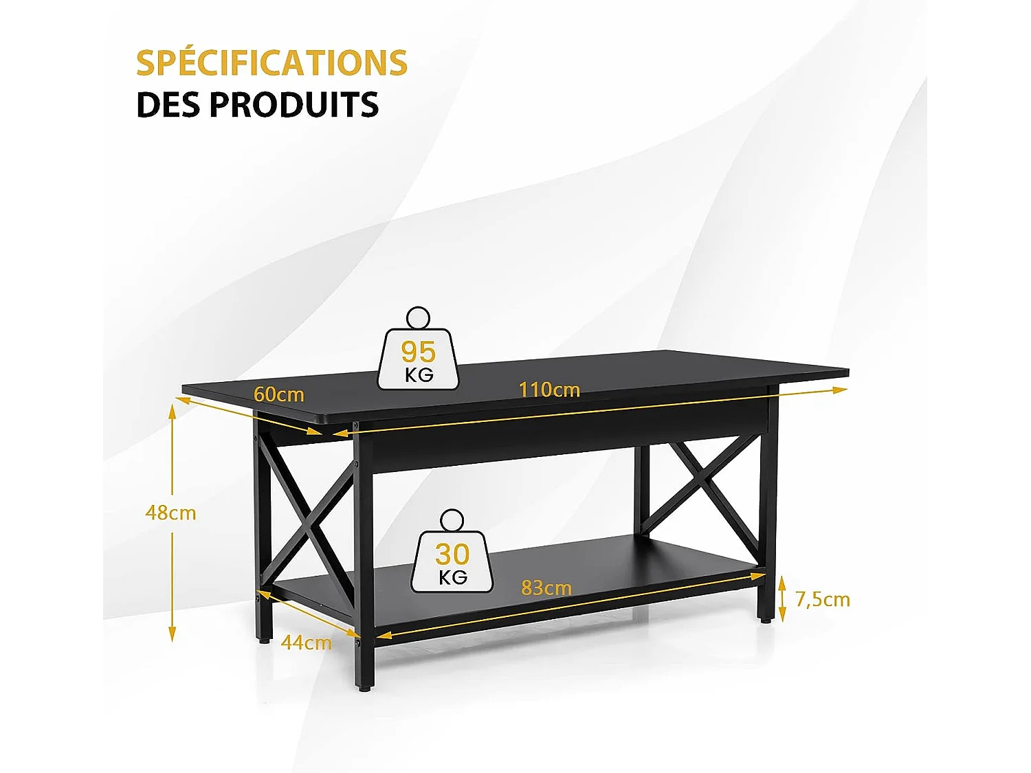Table basse moderne à 2 niveaux, 110 x 60 x 48 cm