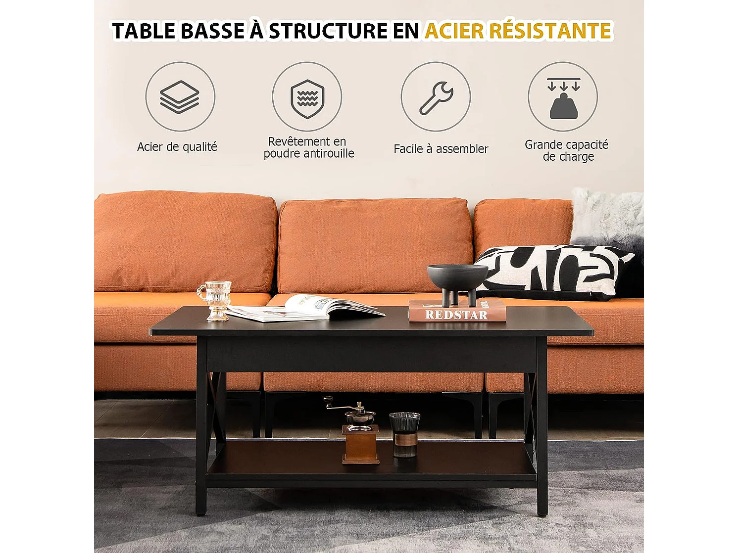 Table basse moderne à 2 niveaux, 110 x 60 x 48 cm