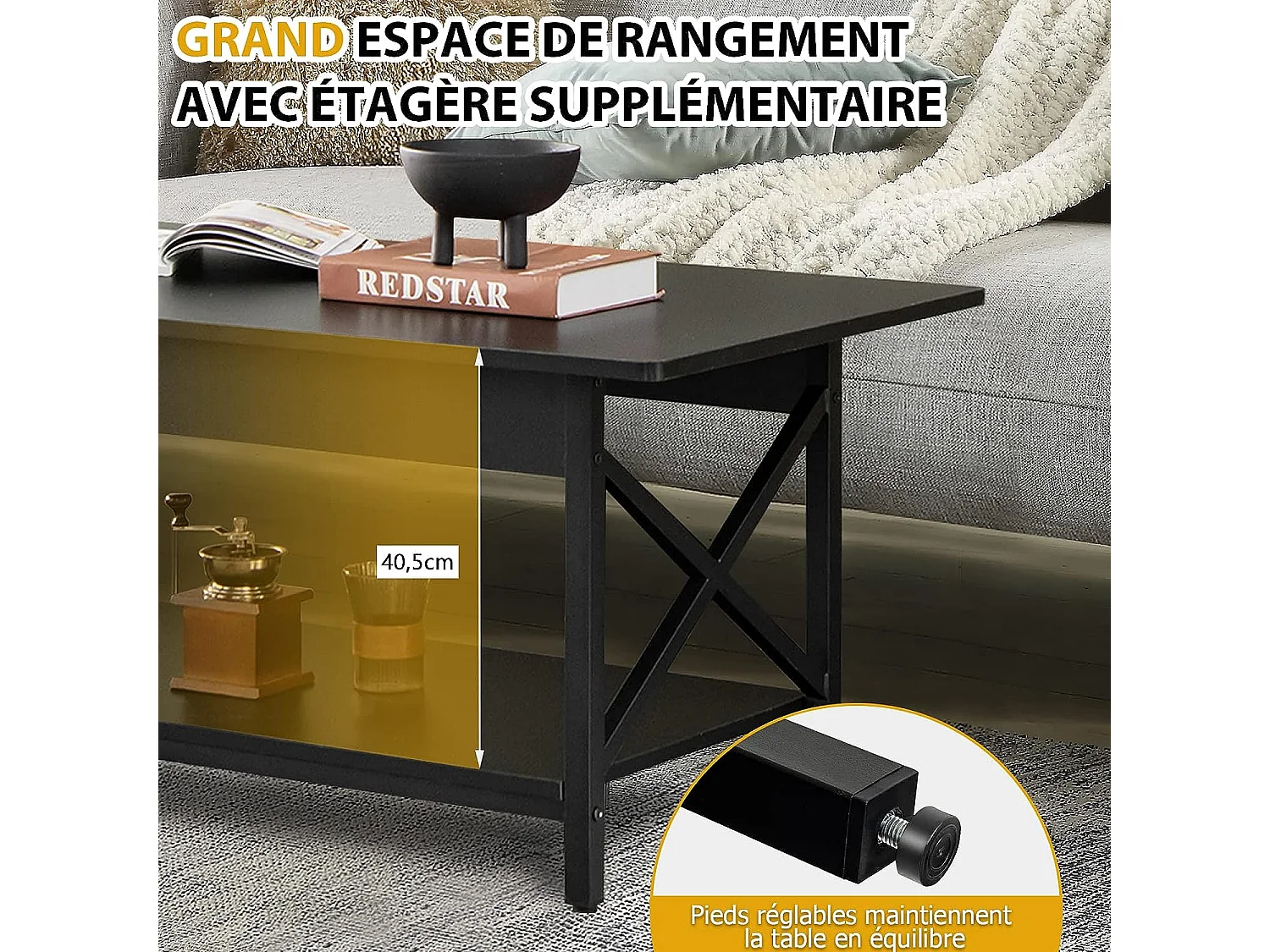 Table basse moderne à 2 niveaux, 110 x 60 x 48 cm