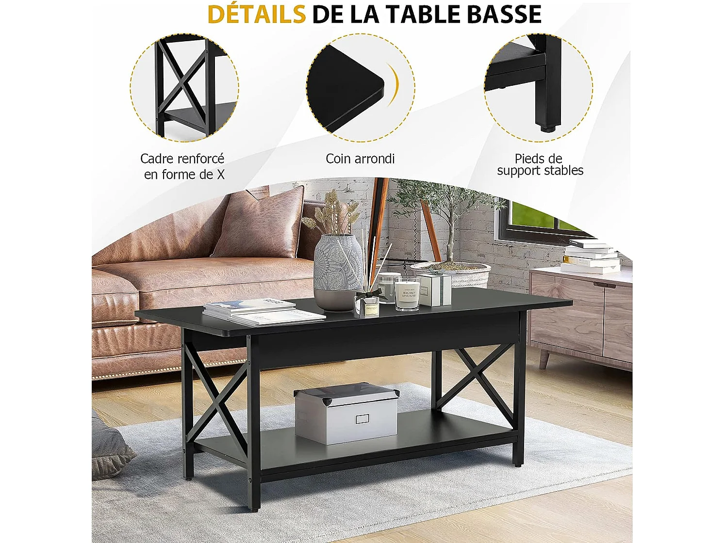 Table basse moderne à 2 niveaux, 110 x 60 x 48 cm