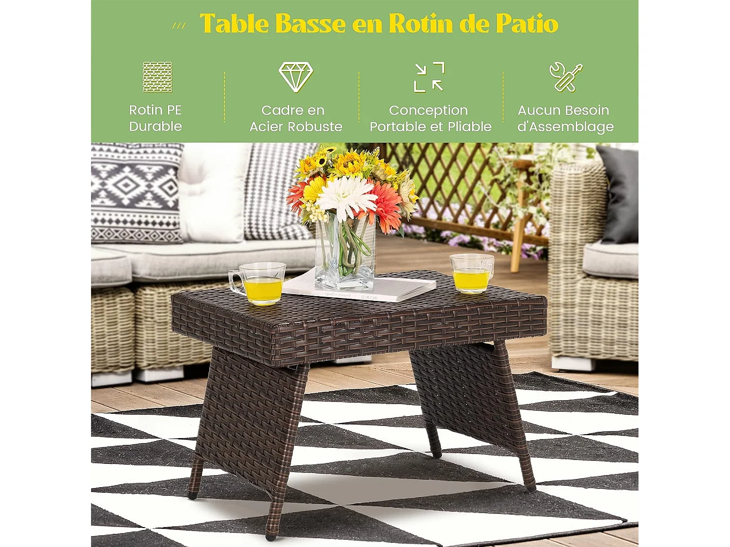Table basse pliante en rotin,60 x 40 x 40 cm