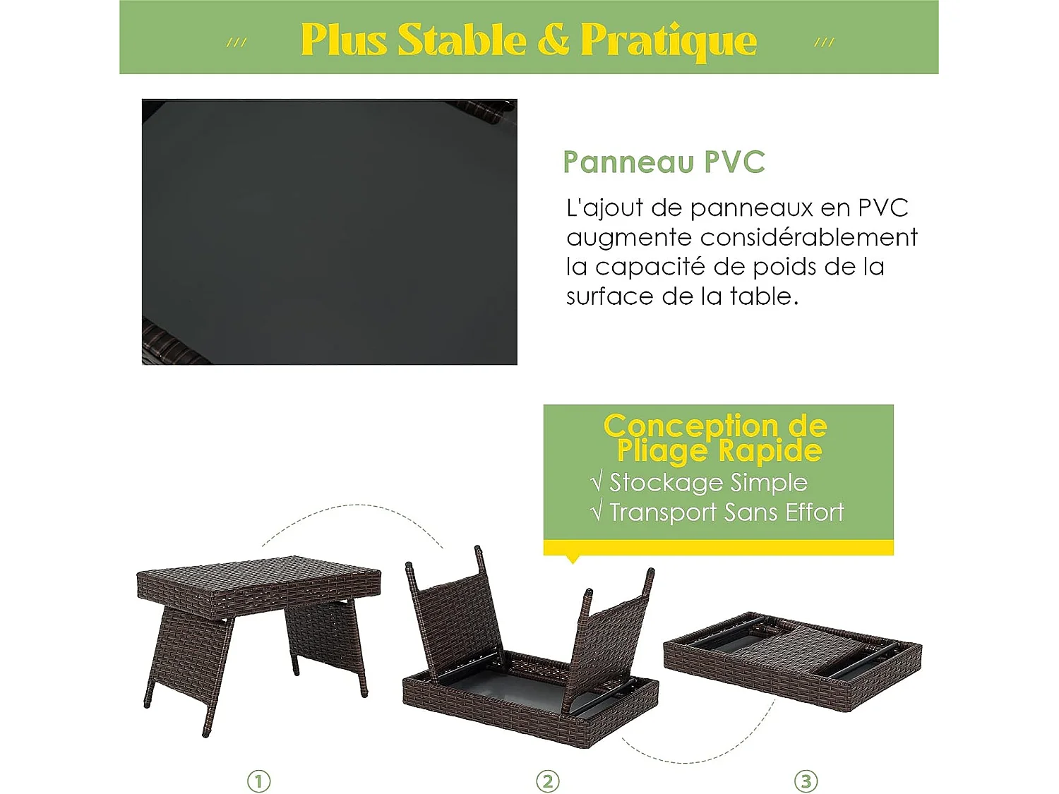 Table basse pliante en rotin,60 x 40 x 40 cm