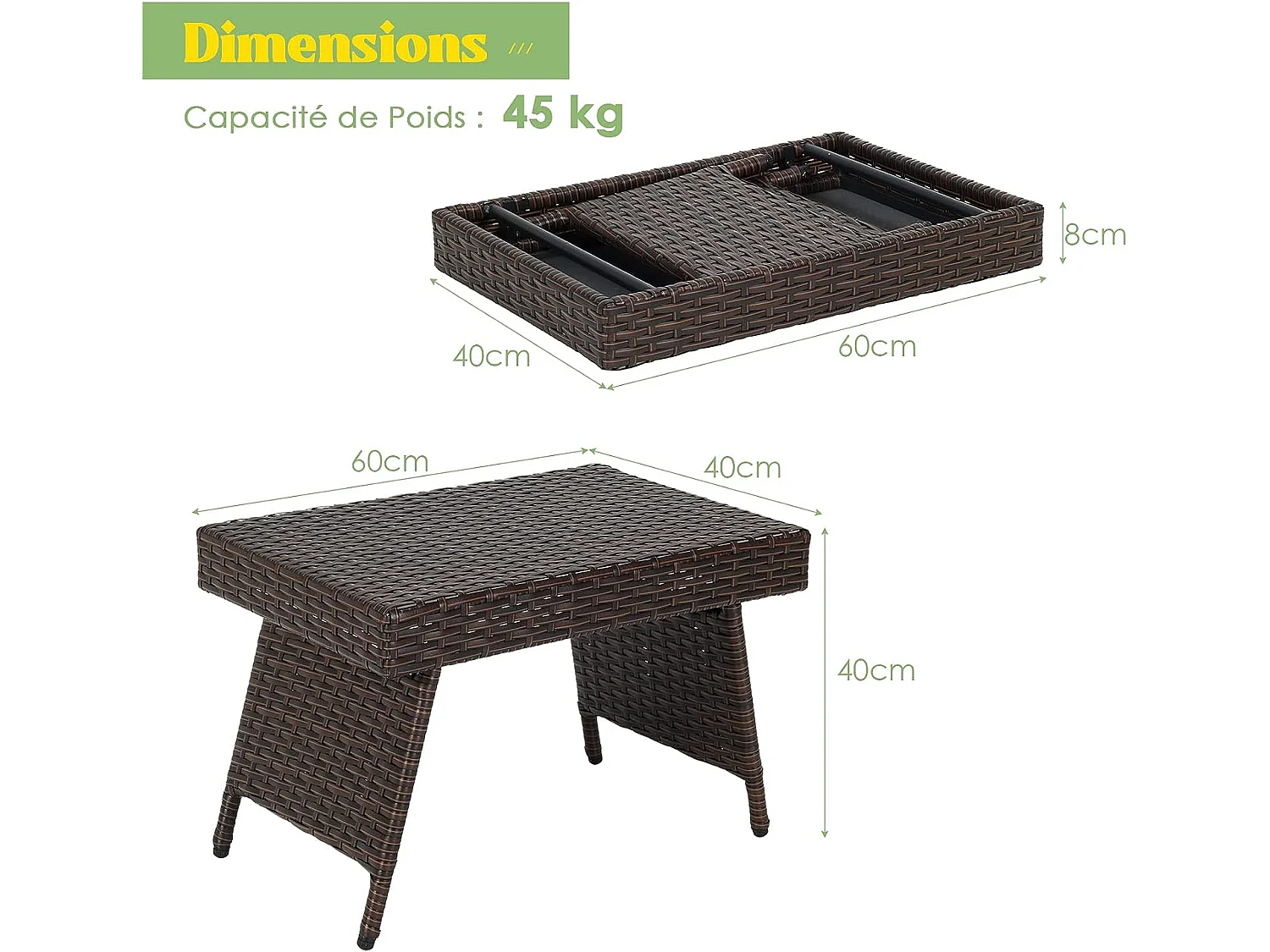 Table basse pliante en rotin,60 x 40 x 40 cm