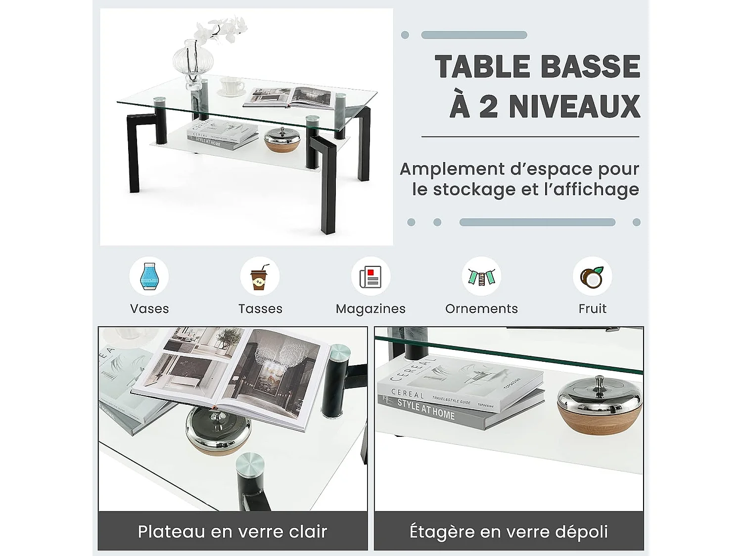 Table Basse en Verre trempé à 2 Niveaux, Table Basse Salon à 4 Pieds en Fer, 100 x 60 x 43 cm