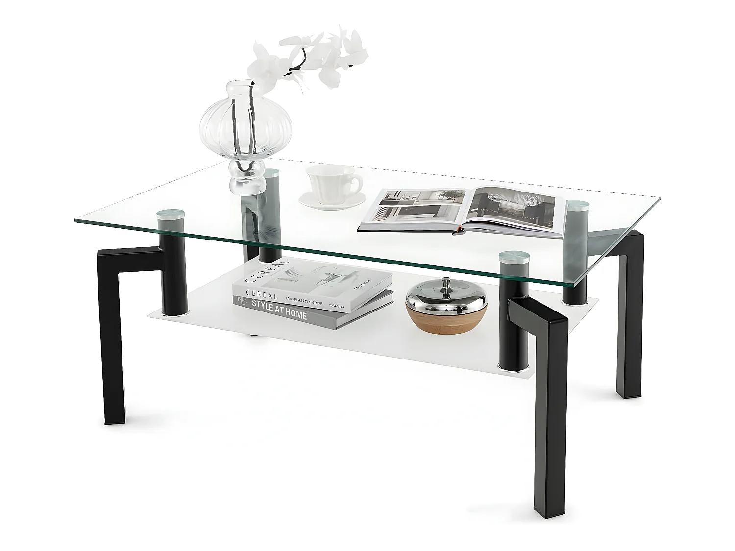 Table Basse en Verre trempé à 2 Niveaux, Table Basse Salon à 4 Pieds en Fer, 100 x 60 x 43 cm