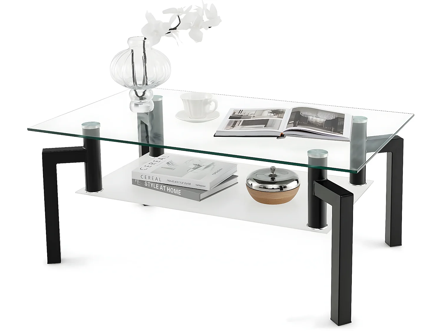 Table Basse en Verre trempé à 2 Niveaux, Table Basse Salon à 4 Pieds en Fer, 100 x 60 x 43 cm