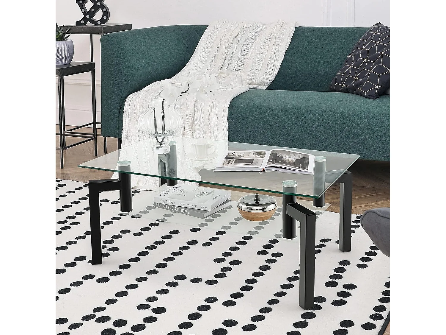 Table Basse en Verre trempé à 2 Niveaux, Table Basse Salon à 4 Pieds en Fer, 100 x 60 x 43 cm