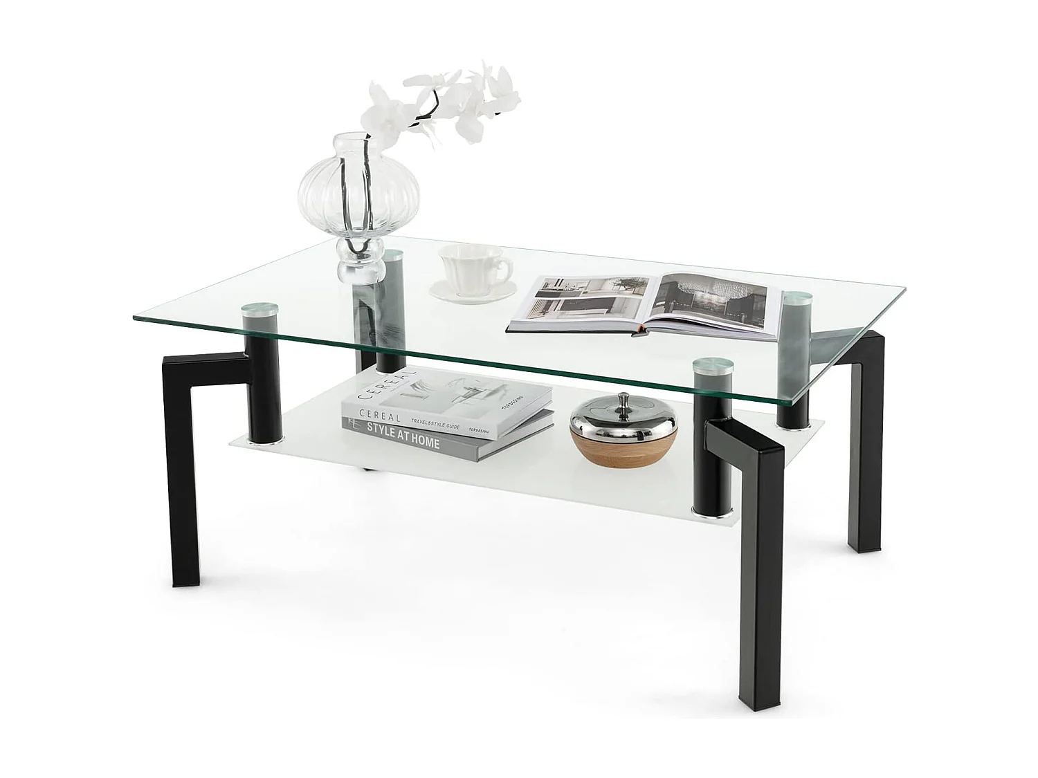 Table Basse en Verre trempé à 2 Niveaux, Table Basse Salon à 4 Pieds en Fer, 100 x 60 x 43 cm