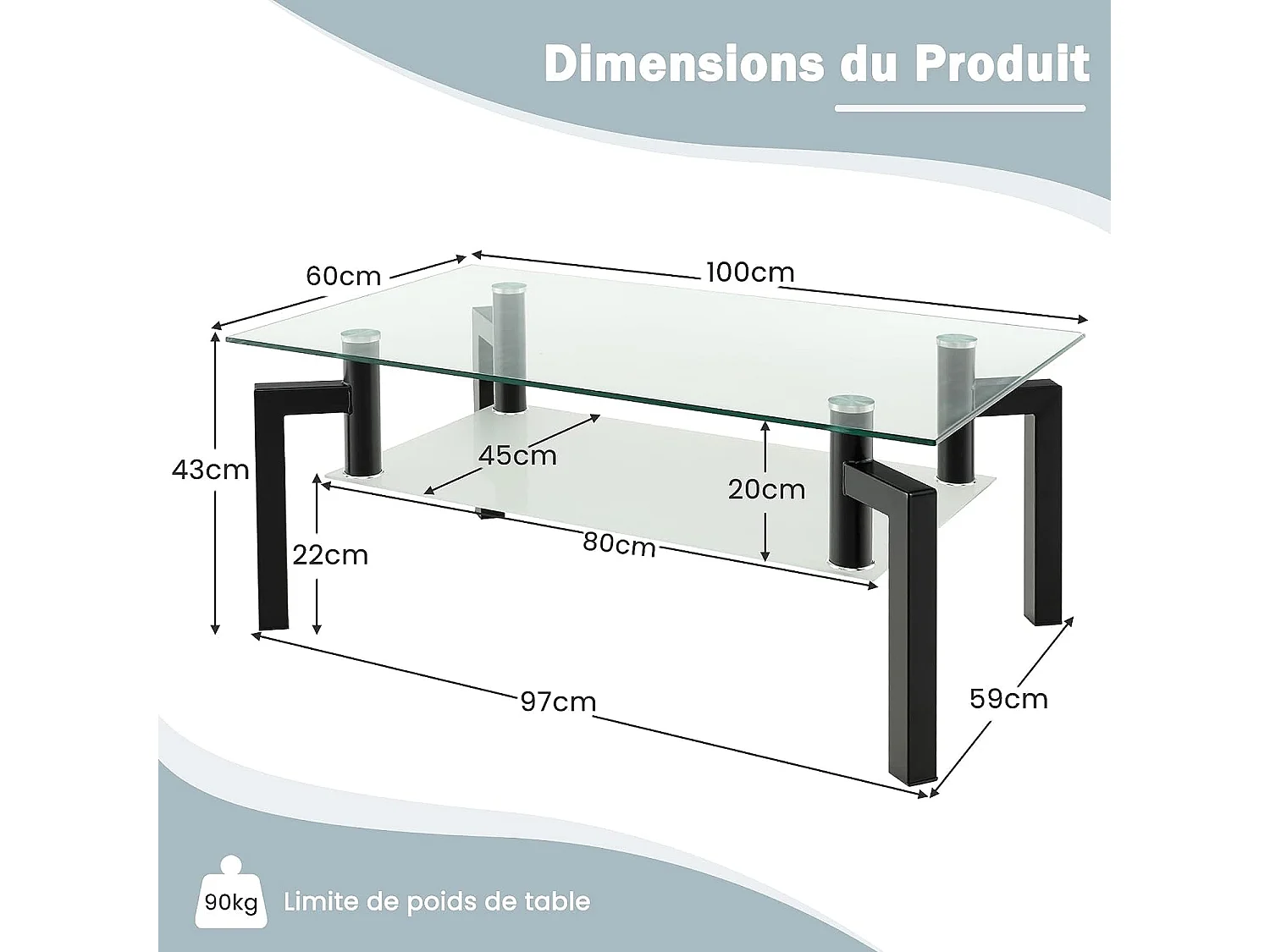 Table Basse en Verre trempé à 2 Niveaux, Table Basse Salon à 4 Pieds en Fer, 100 x 60 x 43 cm
