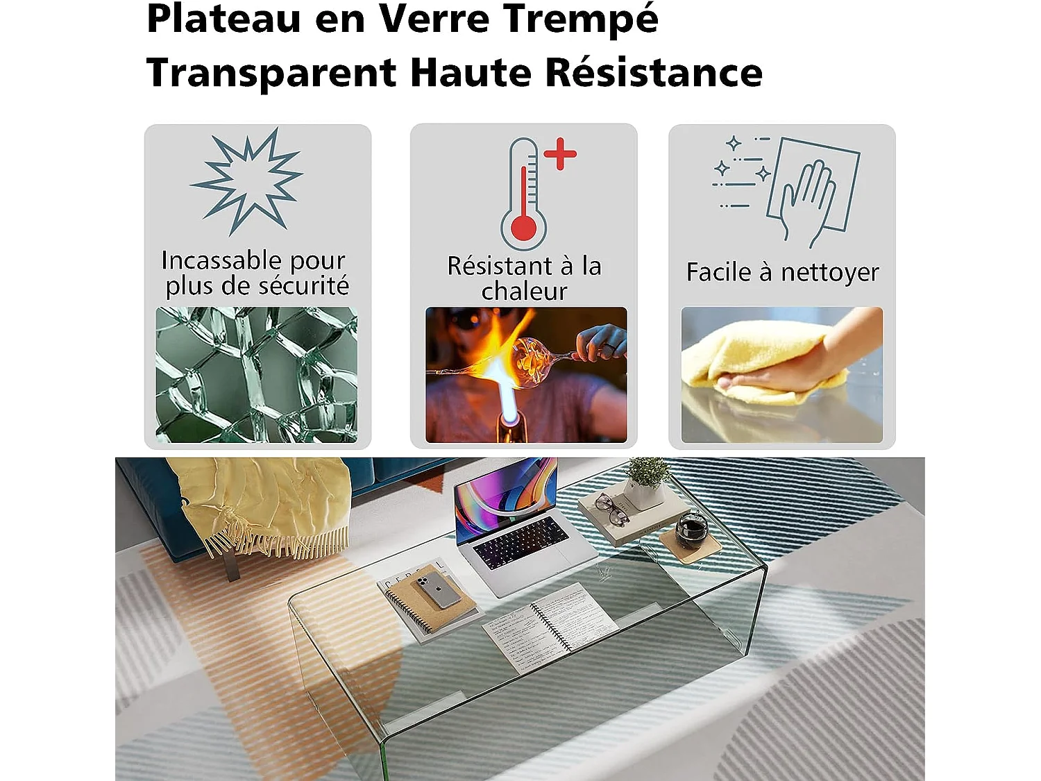 Table Basse Salon en Verre/Table d’Appoint Rectangulaire Forme de U