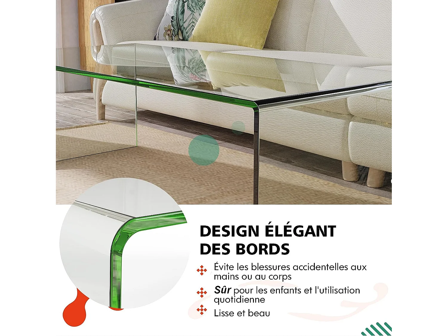 Table Basse Salon en Verre/Table d’Appoint Rectangulaire Forme de U