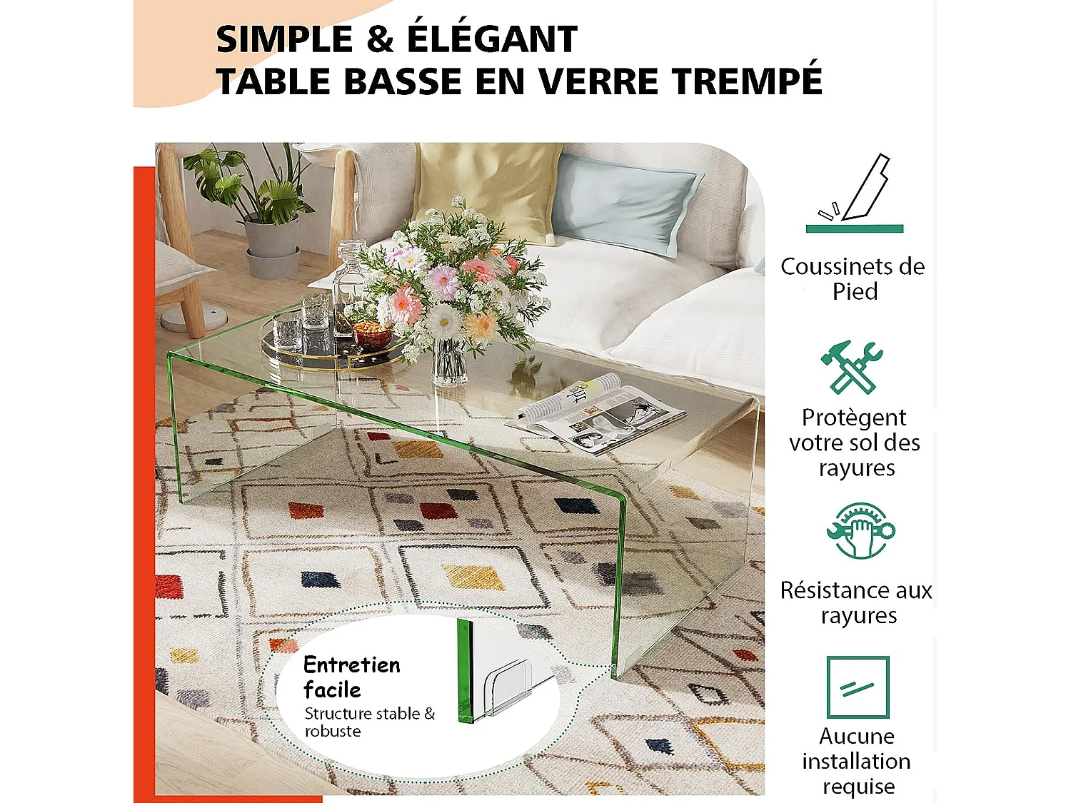 Table Basse Salon en Verre/Table d’Appoint Rectangulaire Forme de U