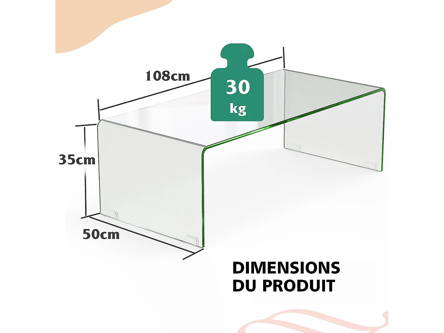 Table Basse Salon en Verre/Table d’Appoint Rectangulaire Forme de U