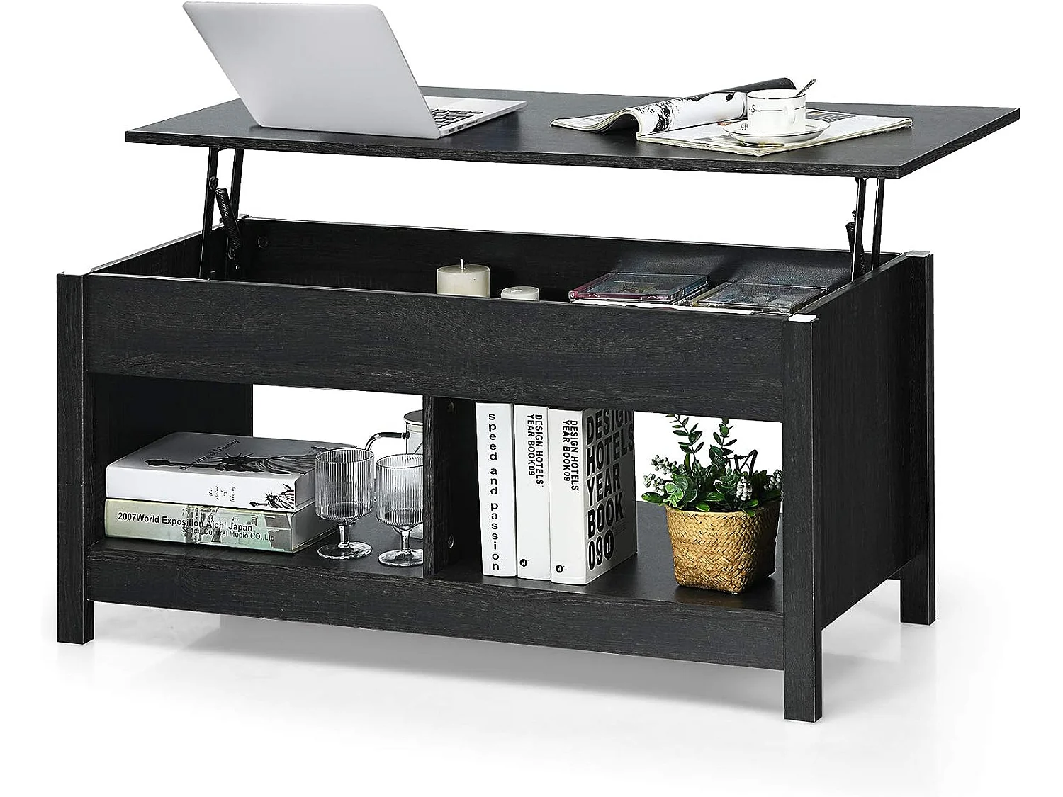 Table basse avec plateau relevable et espace de rangement caché,ideal pour salon 109 x 47,5 x 50 cm (noir)