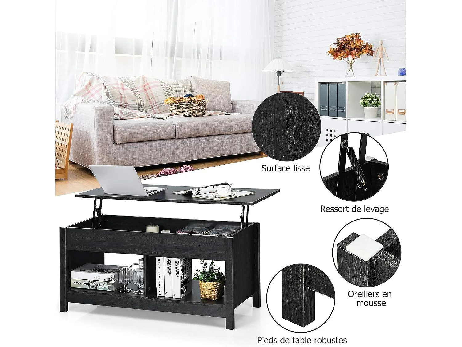 Table basse avec plateau relevable et espace de rangement caché,ideal pour salon 109 x 47,5 x 50 cm (noir)