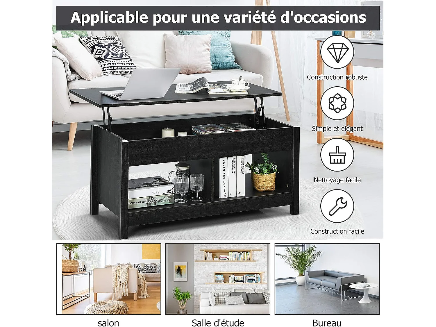 Table basse avec plateau relevable et espace de rangement caché,ideal pour salon 109 x 47,5 x 50 cm (noir)