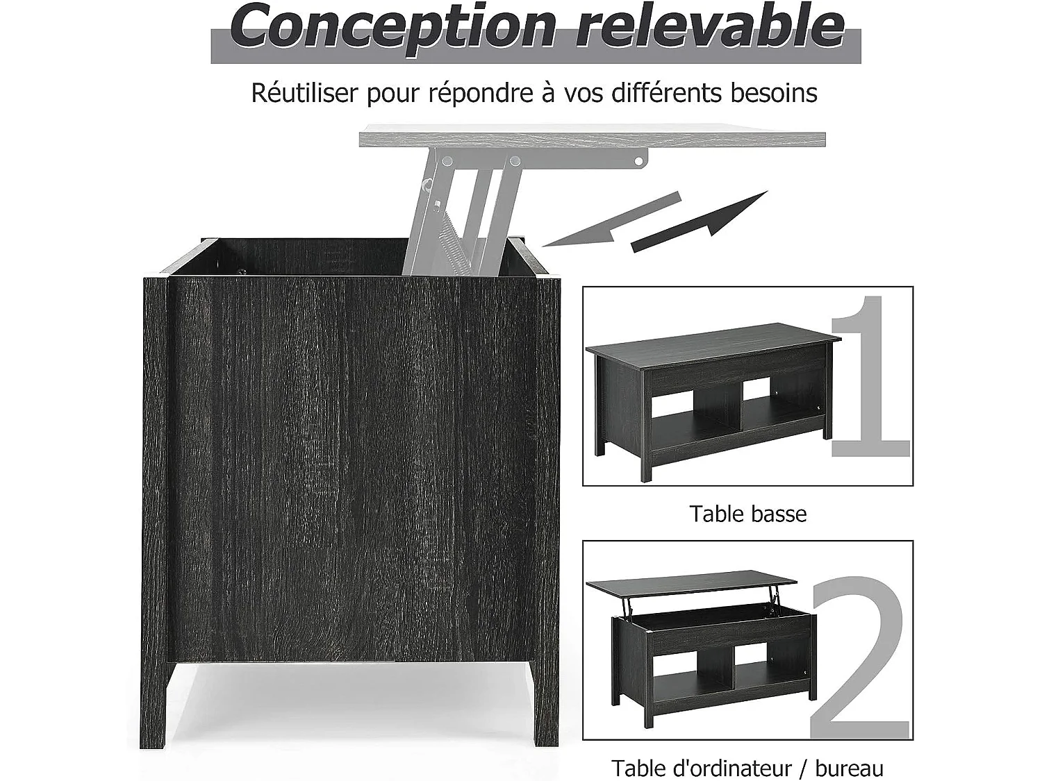 Table basse avec plateau relevable et espace de rangement caché,ideal pour salon 109 x 47,5 x 50 cm (noir)