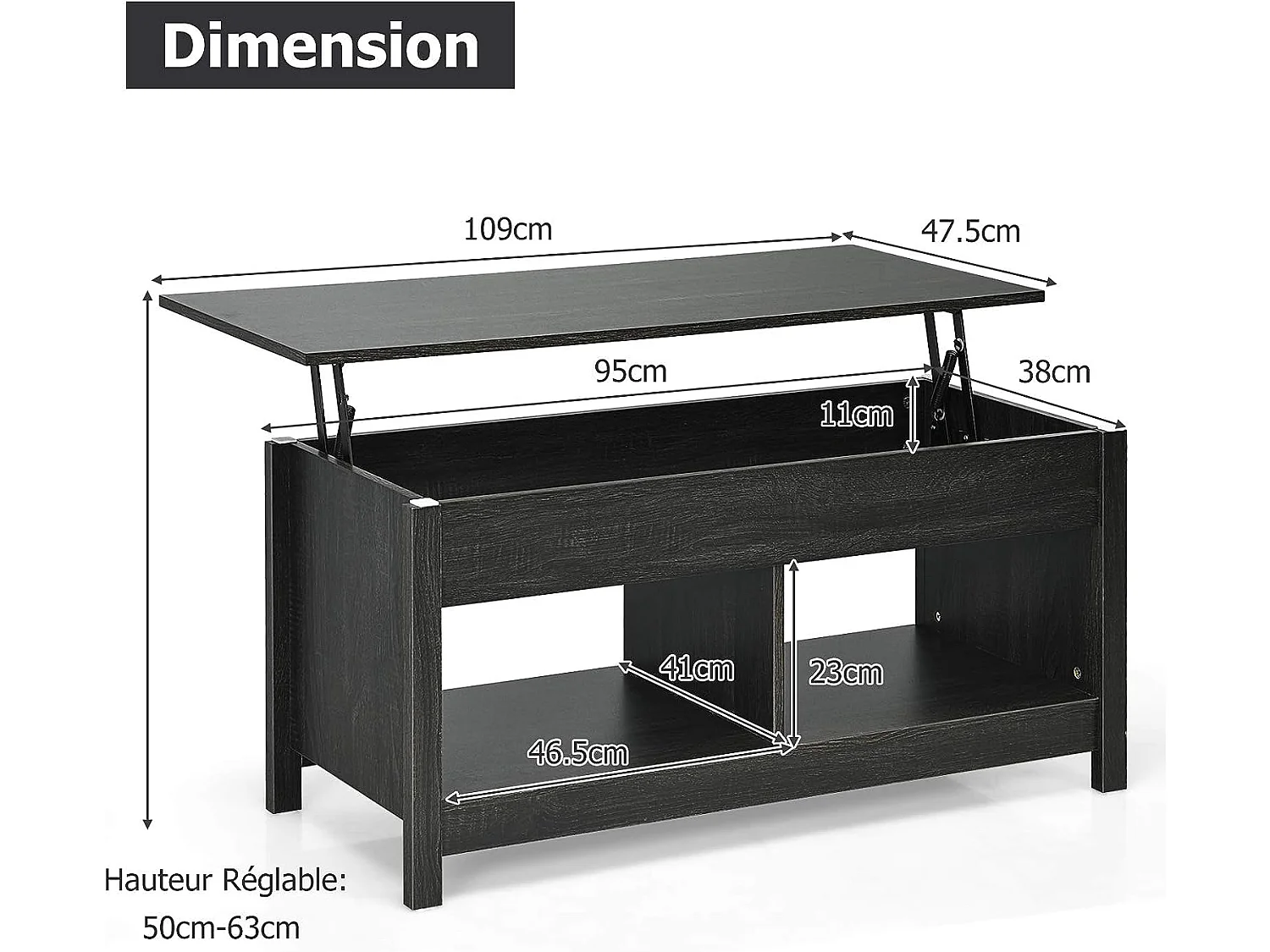 Table basse avec plateau relevable et espace de rangement caché,ideal pour salon 109 x 47,5 x 50 cm (noir)