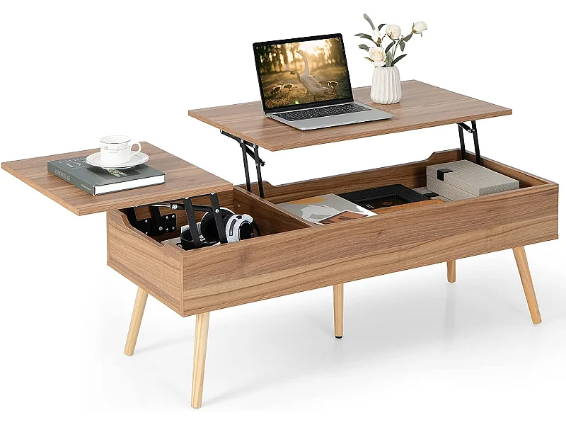 Table basse relevable avec 2 plateau relevables et 2 compartiments cachés