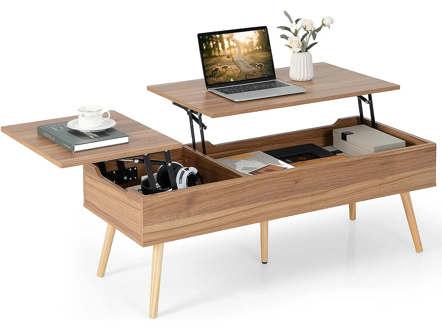 Table basse relevable avec 2 plateau relevables et 2 compartiments cachés