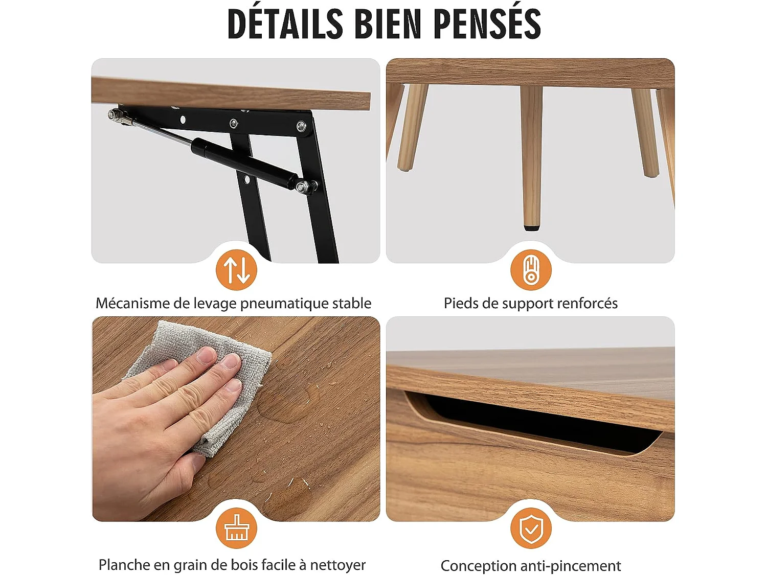 Table basse relevable avec 2 plateau relevables et 2 compartiments cachés