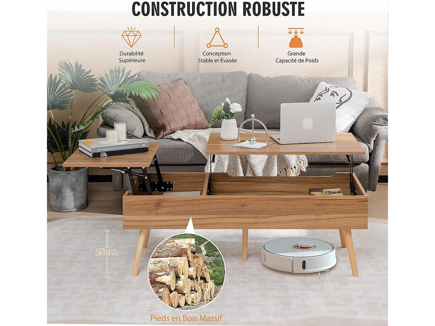 Table basse relevable avec 2 plateau relevables et 2 compartiments cachés
