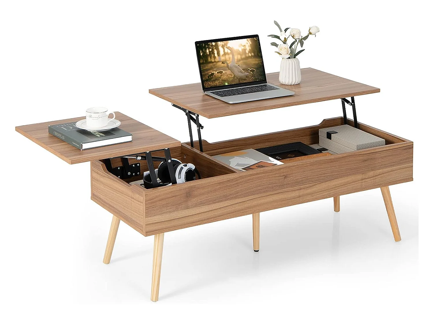 Table basse relevable avec 2 plateau relevables et 2 compartiments cachés