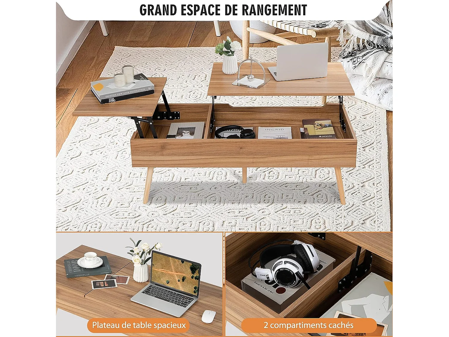 Table basse relevable avec 2 plateau relevables et 2 compartiments cachés