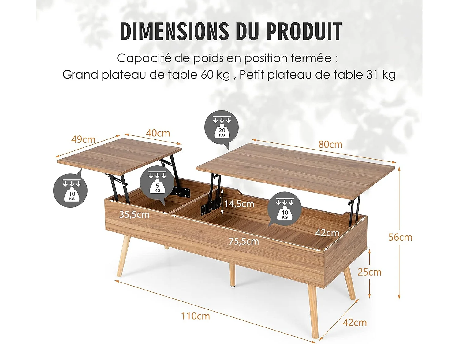 Table basse relevable avec 2 plateau relevables et 2 compartiments cachés