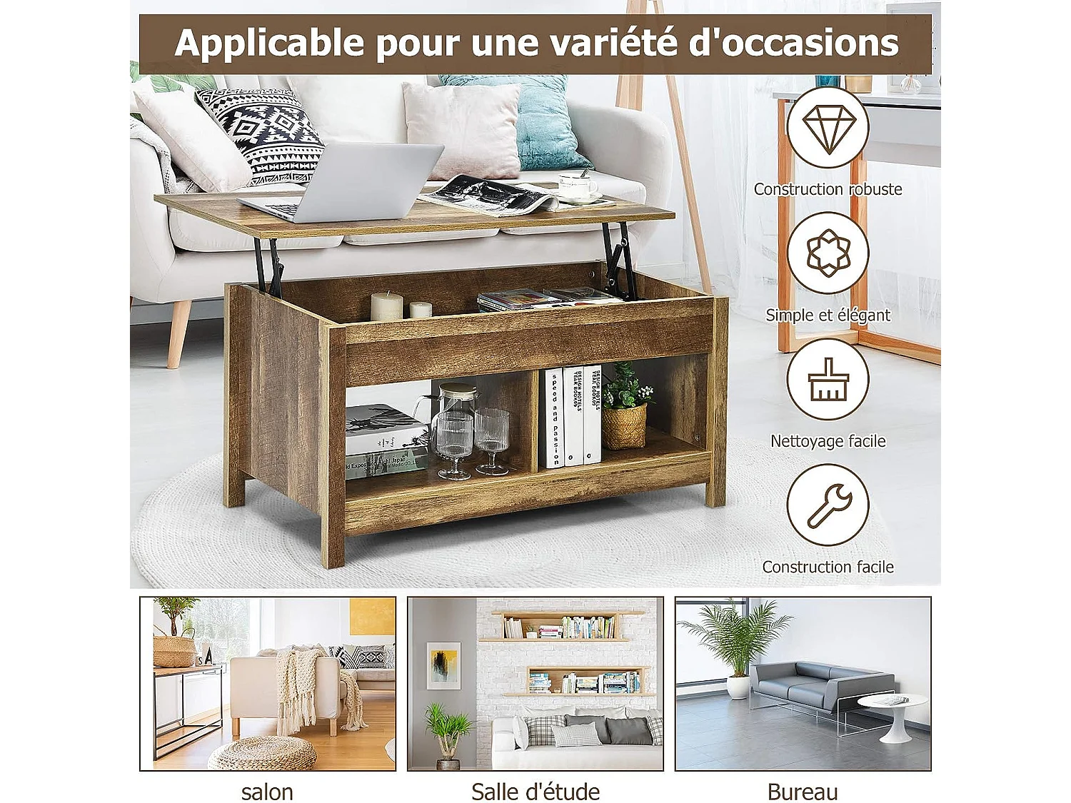 Table basse avec plateau relevable et espace de rangement caché,  ideal pour salon 109 x 47,5 x 50 cm