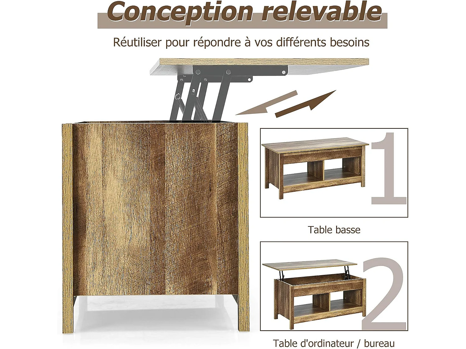 Table basse avec plateau relevable et espace de rangement caché,  ideal pour salon 109 x 47,5 x 50 cm