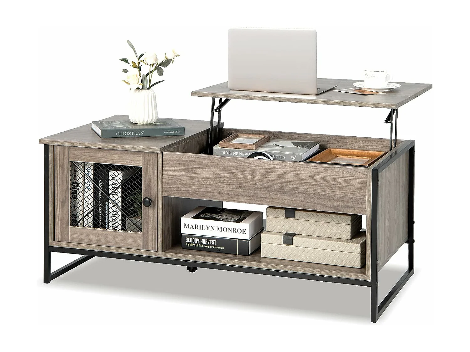 Table Basse Relevable avec 1 Compartiment Ouvert et Placard à 2 Portes, Table Basse Transformable avec Cadre en Métal pour Salon Bureau Chambre, 104x52,5x44,5CM