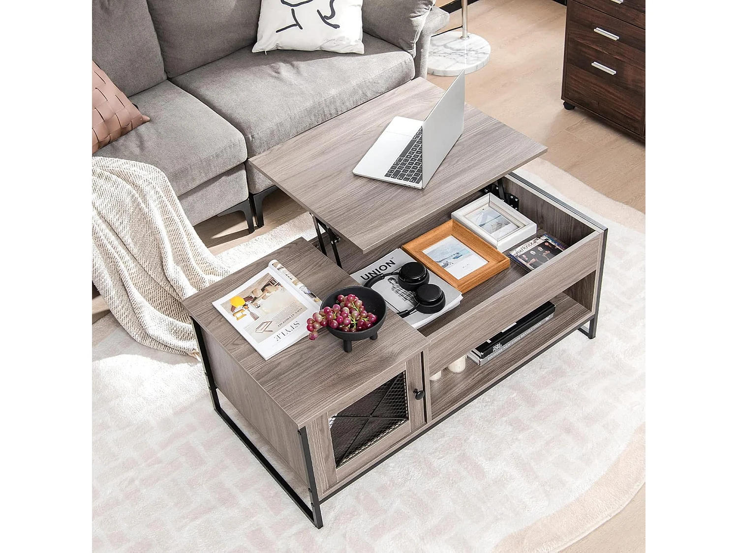 Table Basse Relevable avec 1 Compartiment Ouvert et Placard à 2 Portes, Table Basse Transformable avec Cadre en Métal pour Salon Bureau Chambre, 104x52,5x44,5CM