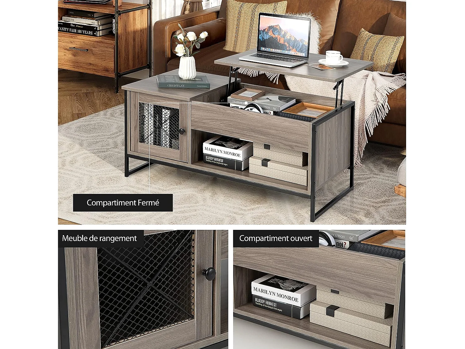 Table Basse Relevable avec 1 Compartiment Ouvert et Placard à 2 Portes, Table Basse Transformable avec Cadre en Métal pour Salon Bureau Chambre, 104x52,5x44,5CM