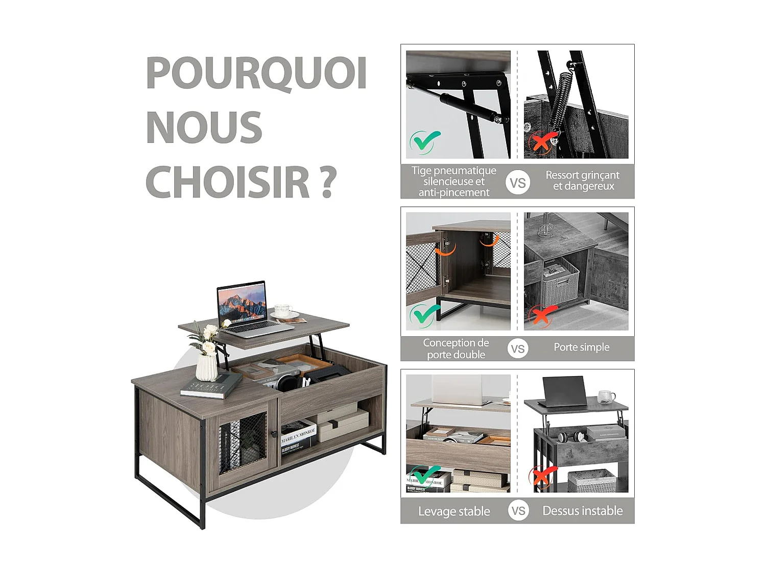 Table Basse Relevable avec 1 Compartiment Ouvert et Placard à 2 Portes, Table Basse Transformable avec Cadre en Métal pour Salon Bureau Chambre, 104x52,5x44,5CM