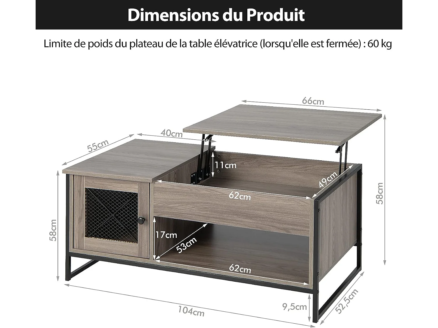 Table Basse Relevable avec 1 Compartiment Ouvert et Placard à 2 Portes, Table Basse Transformable avec Cadre en Métal pour Salon Bureau Chambre, 104x52,5x44,5CM