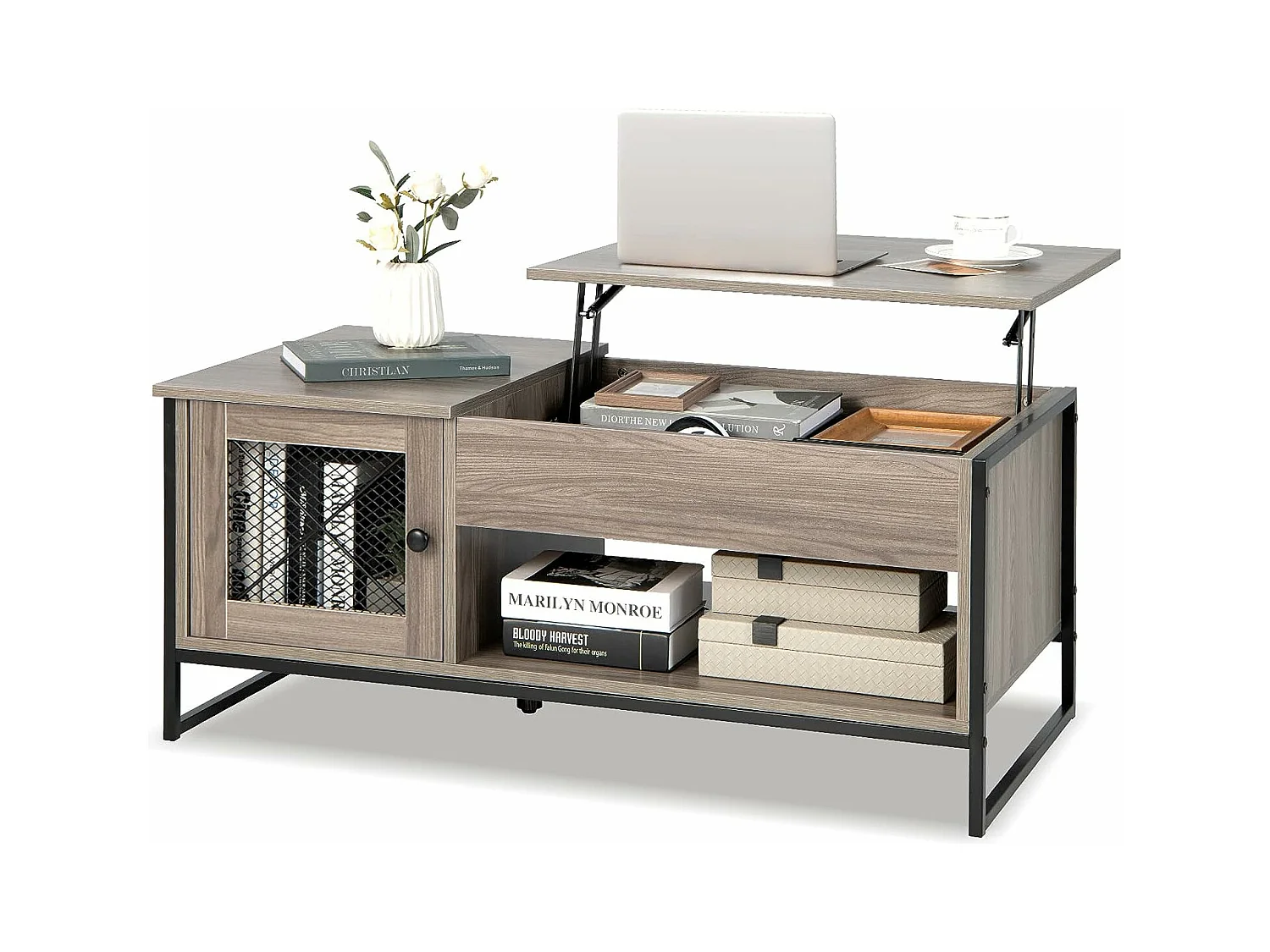 Table Basse Relevable avec 1 Compartiment Ouvert et Placard à 2 Portes, Table Basse Transformable avec Cadre en Métal pour Salon Bureau Chambre, 104x52,5x44,5CM