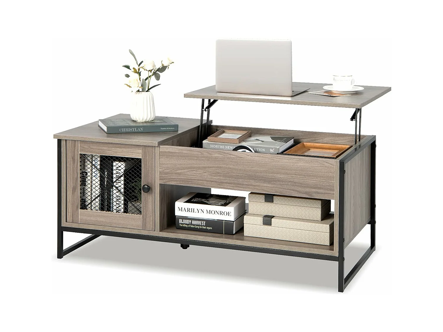 Table Basse Relevable avec 1 Compartiment Ouvert et Placard à 2 Portes, Table Basse Transformable avec Cadre en Métal pour Salon Bureau Chambre, 104x52,5x44,5CM