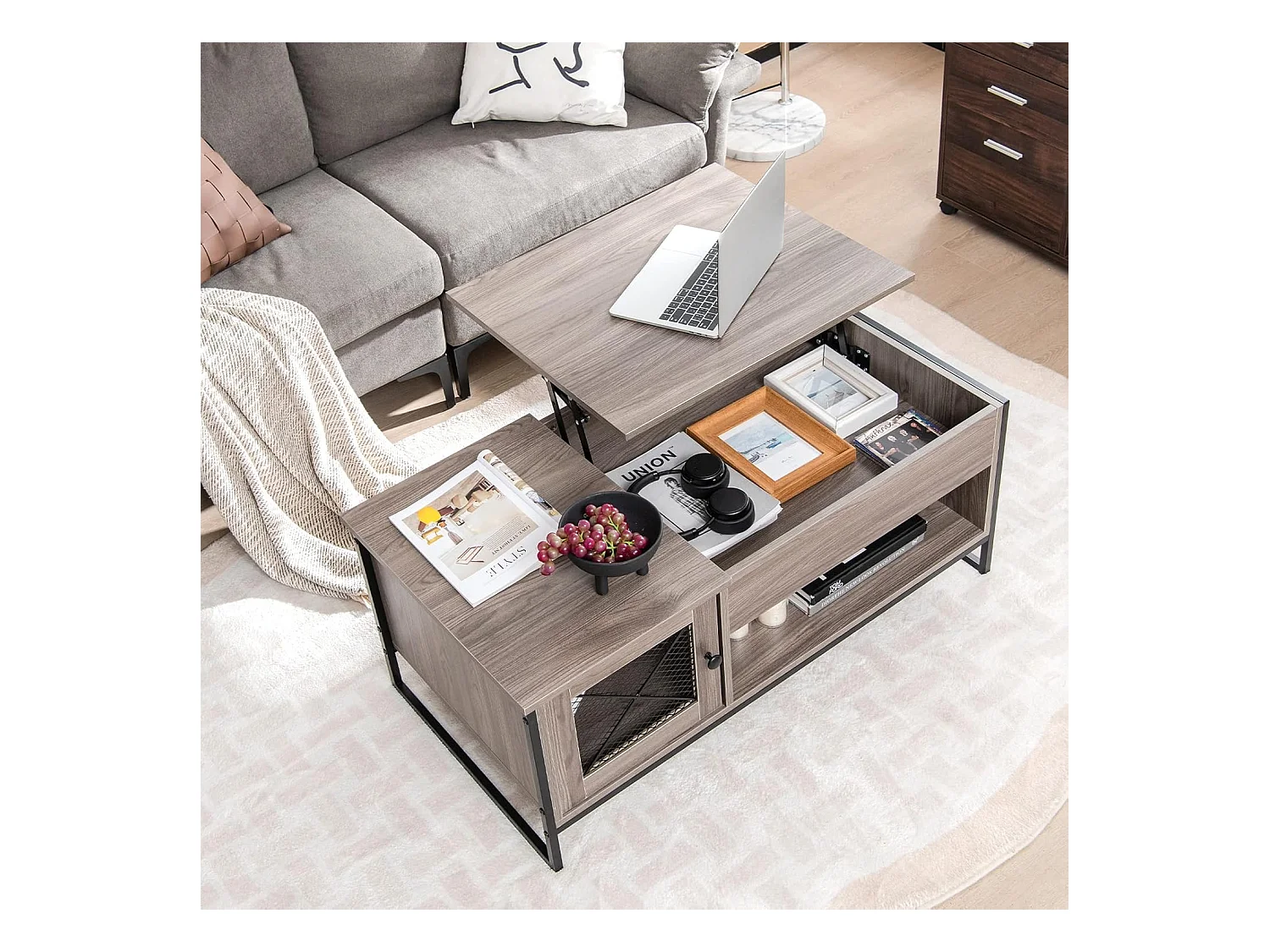 Table Basse Relevable avec 1 Compartiment Ouvert et Placard à 2 Portes, Table Basse Transformable avec Cadre en Métal pour Salon Bureau Chambre, 104x52,5x44,5CM