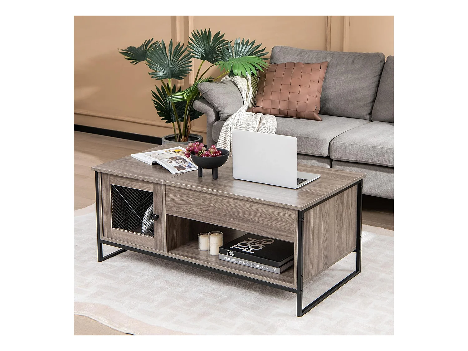 Table Basse Relevable avec 1 Compartiment Ouvert et Placard à 2 Portes, Table Basse Transformable avec Cadre en Métal pour Salon Bureau Chambre, 104x52,5x44,5CM