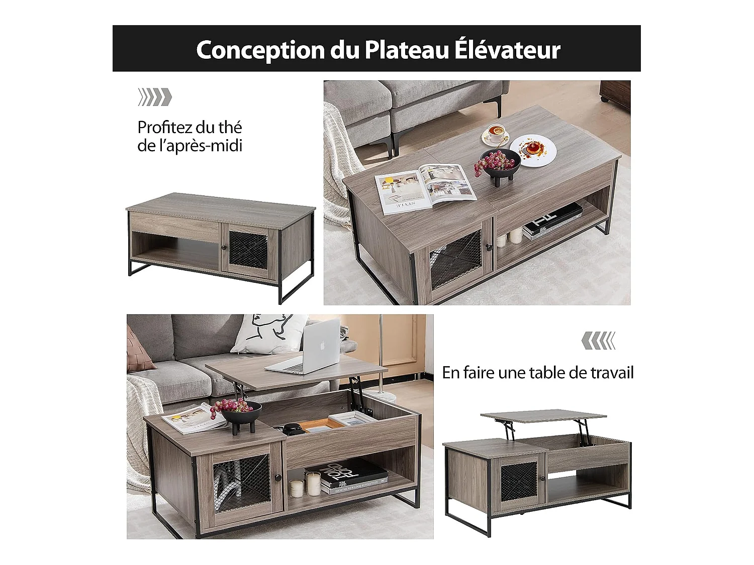 Table Basse Relevable avec 1 Compartiment Ouvert et Placard à 2 Portes, Table Basse Transformable avec Cadre en Métal pour Salon Bureau Chambre, 104x52,5x44,5CM