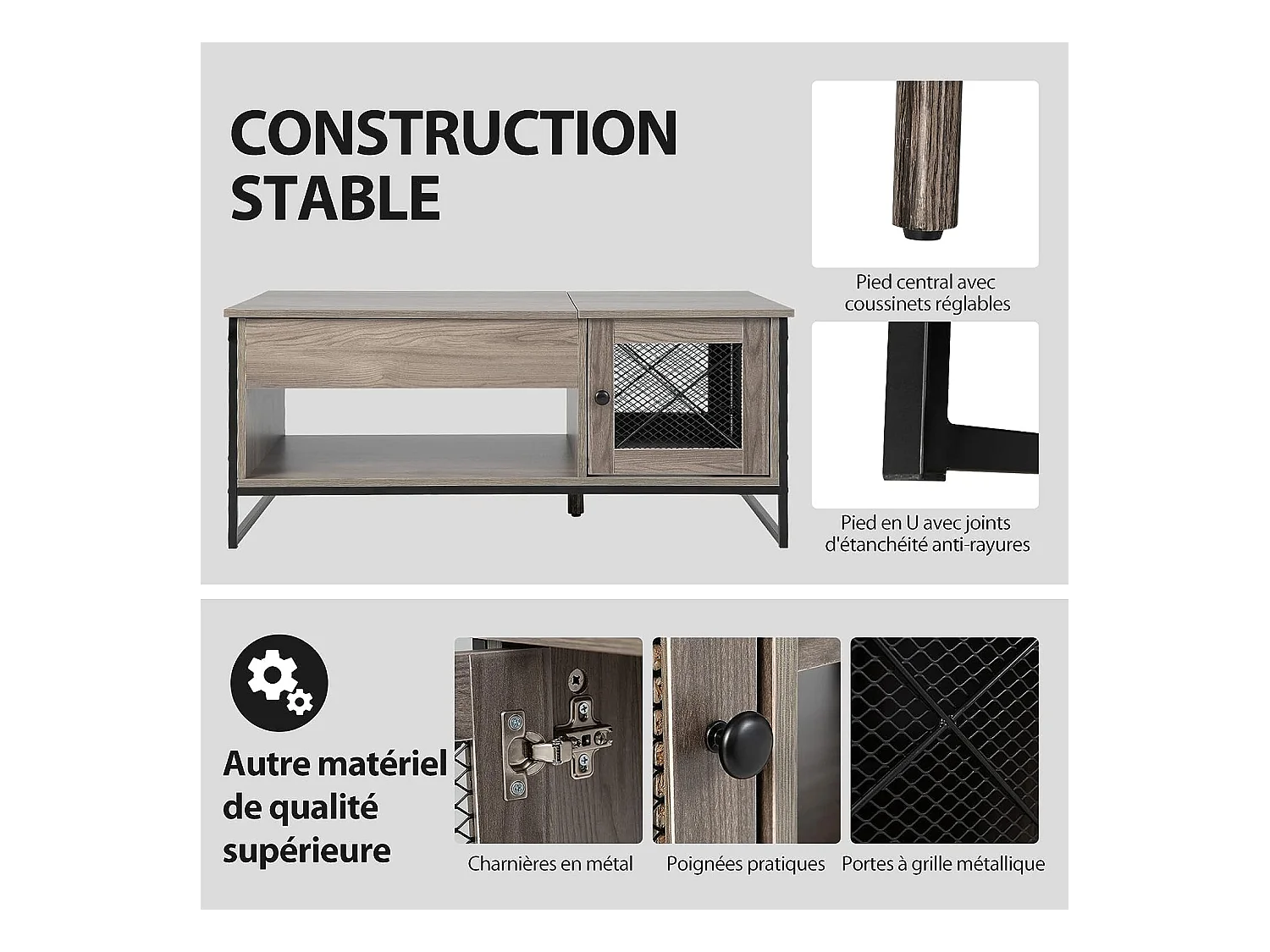 Table Basse Relevable avec 1 Compartiment Ouvert et Placard à 2 Portes, Table Basse Transformable avec Cadre en Métal pour Salon Bureau Chambre, 104x52,5x44,5CM