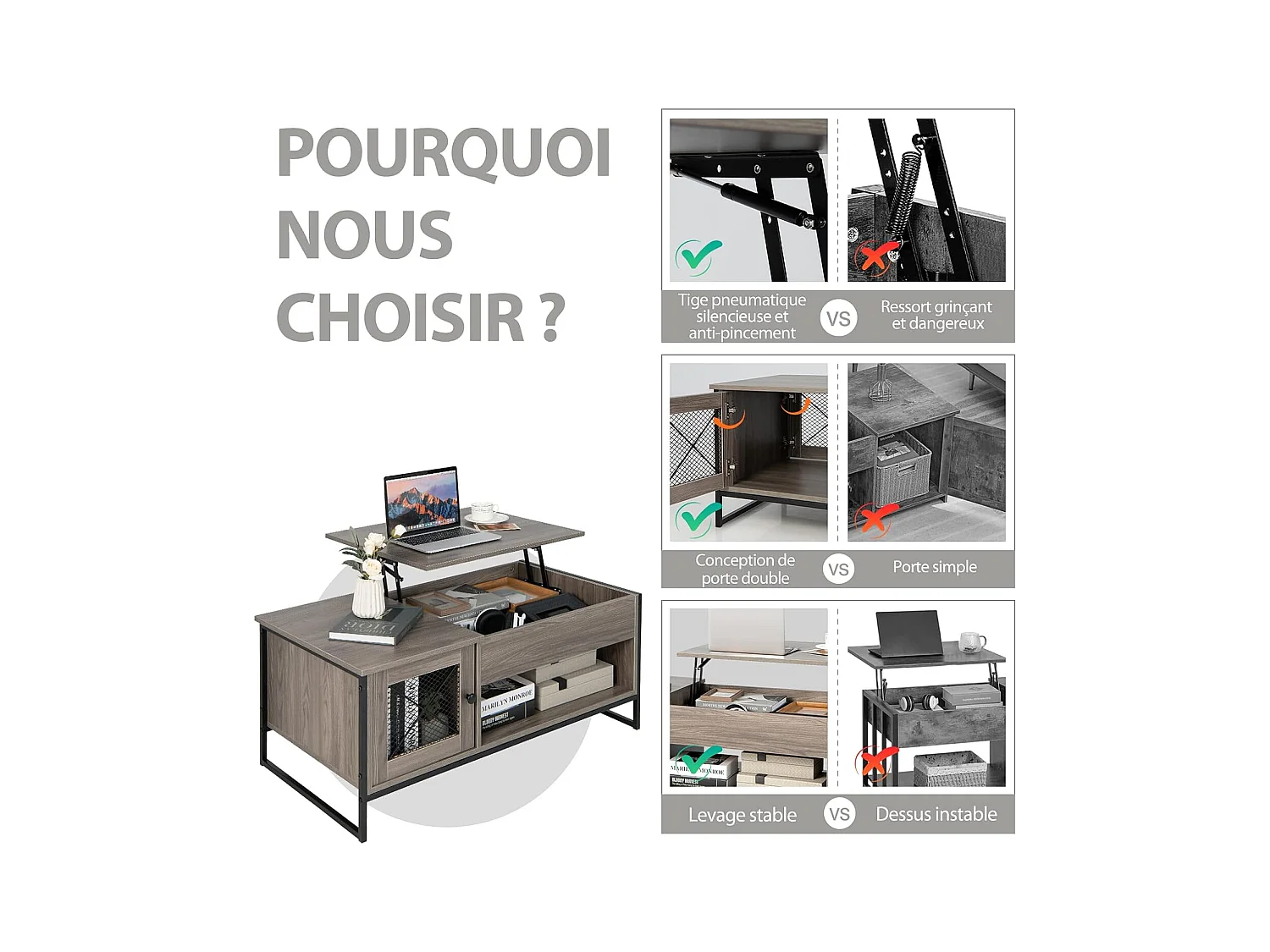 Table Basse Relevable avec 1 Compartiment Ouvert et Placard à 2 Portes, Table Basse Transformable avec Cadre en Métal pour Salon Bureau Chambre, 104x52,5x44,5CM