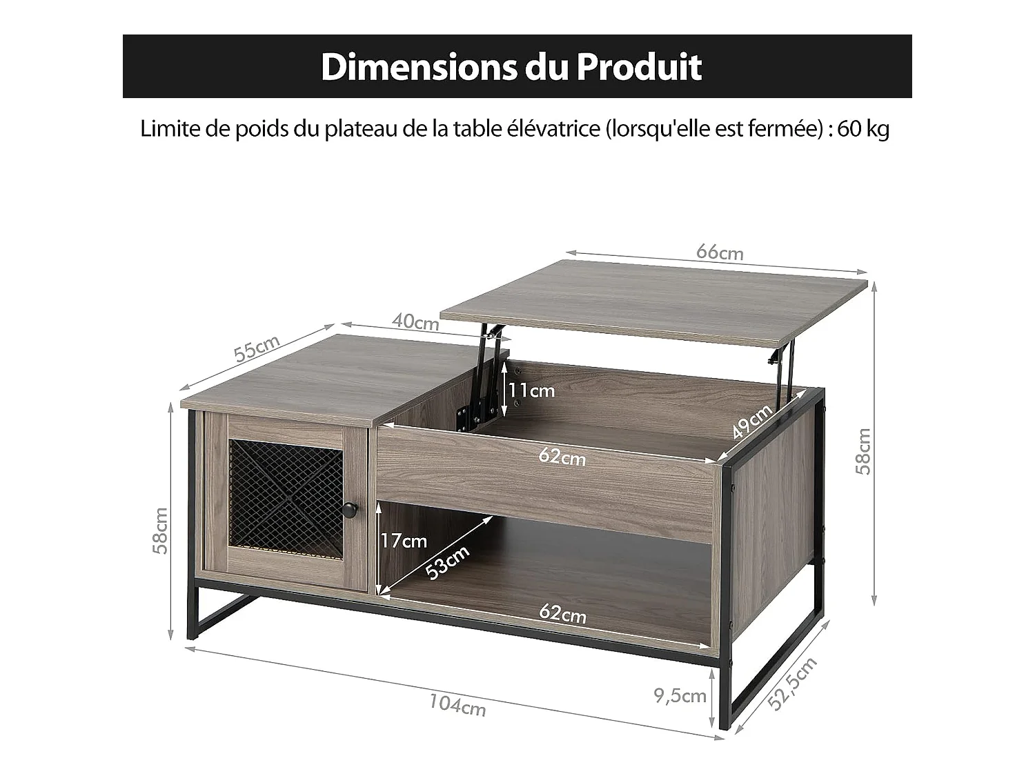 Table Basse Relevable avec 1 Compartiment Ouvert et Placard à 2 Portes, Table Basse Transformable avec Cadre en Métal pour Salon Bureau Chambre, 104x52,5x44,5CM