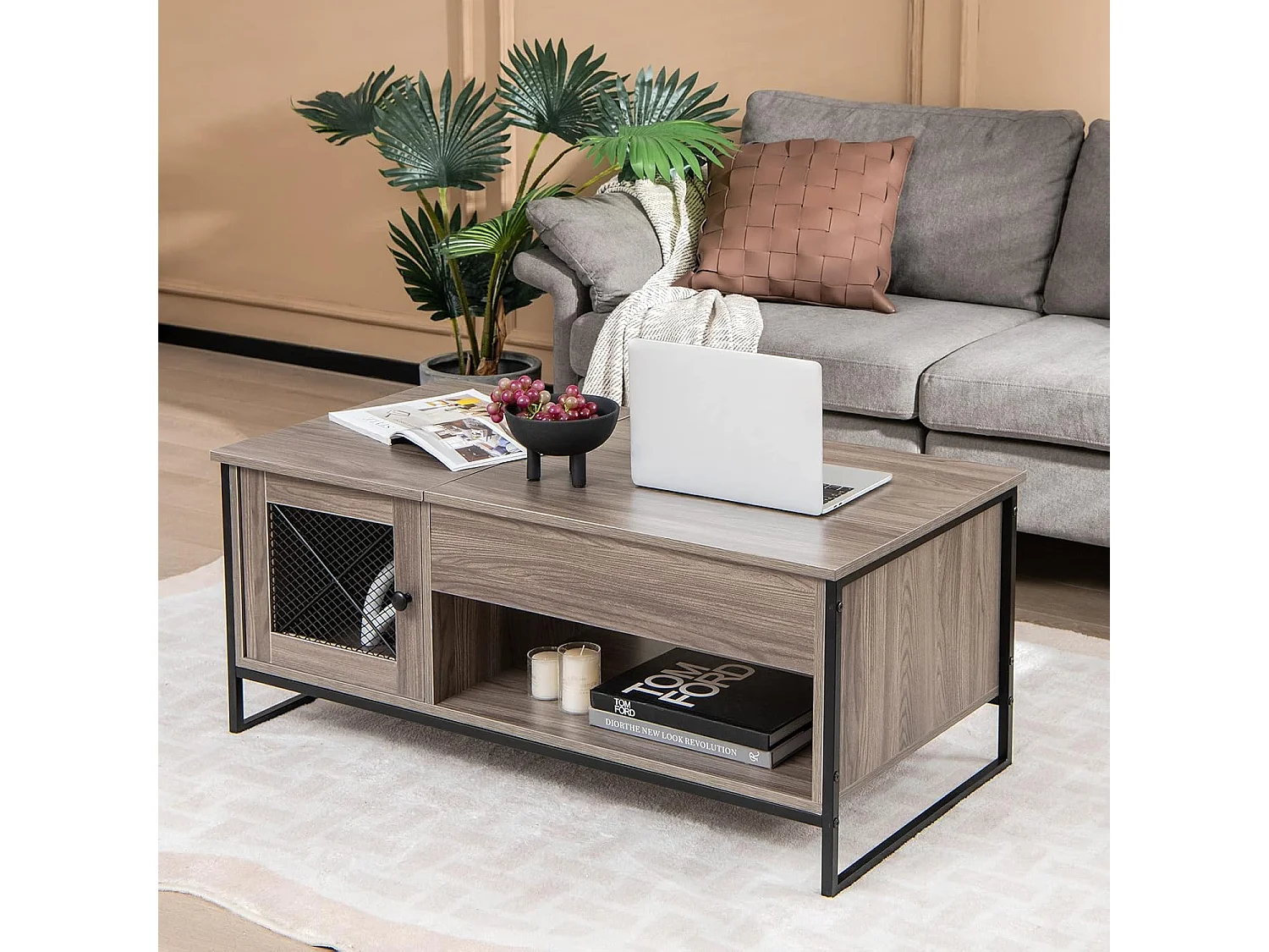 Opklapbare salontafel met 1 open vak en 2 deurskast, transformeerbare salontafel met metalen frame voor woonkamer, kantoor, slaapkamer, 104x52,5x44,5 cm