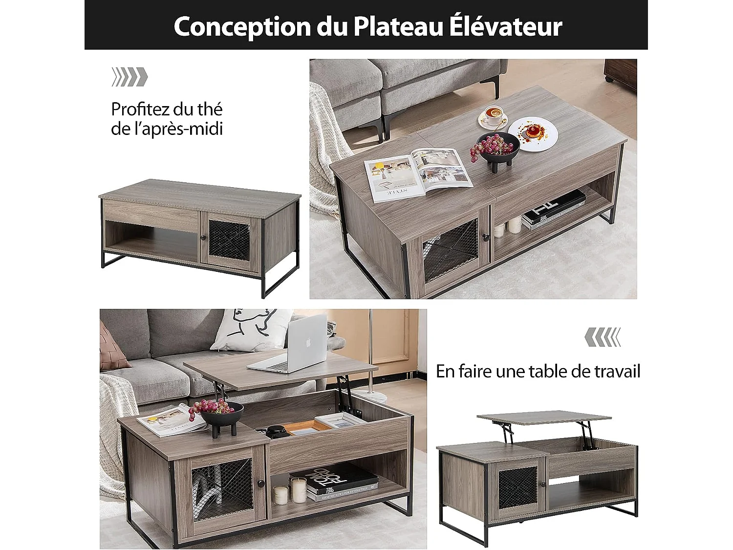 Opklapbare salontafel met 1 open vak en 2 deurskast, transformeerbare salontafel met metalen frame voor woonkamer, kantoor, slaapkamer, 104x52,5x44,5 cm