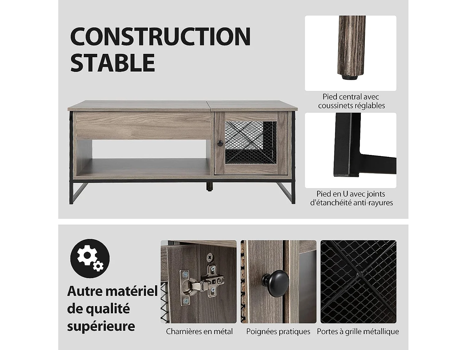 Opklapbare salontafel met 1 open vak en 2 deurskast, transformeerbare salontafel met metalen frame voor woonkamer, kantoor, slaapkamer, 104x52,5x44,5 cm